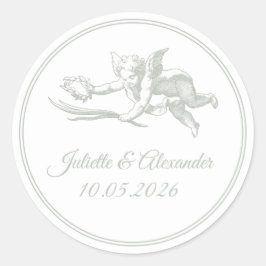 Sage Gray Toile de Jouy Cupid Round Stickers ラウンドシール