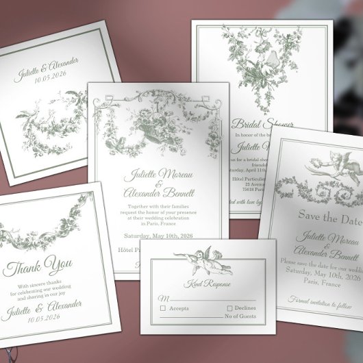 Sage Gray Toile de Jouy Wedding Menu Card メニュー