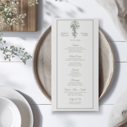 Sage Gray Toile de Jouy Wedding Menu Card メニュー
