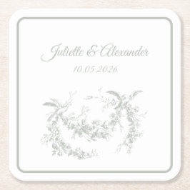 Sage Gray Toile de Jouy Wedding Paper Coasters スクエアペーパーコースター