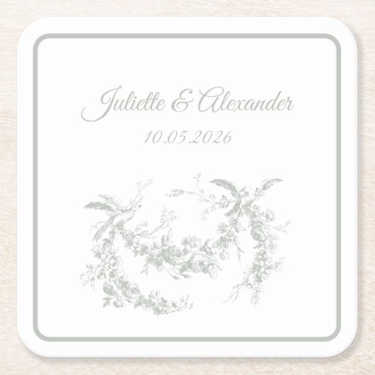 Sage Gray Toile de Jouy Wedding Paper Coasters スクエアペーパーコースター (正面)