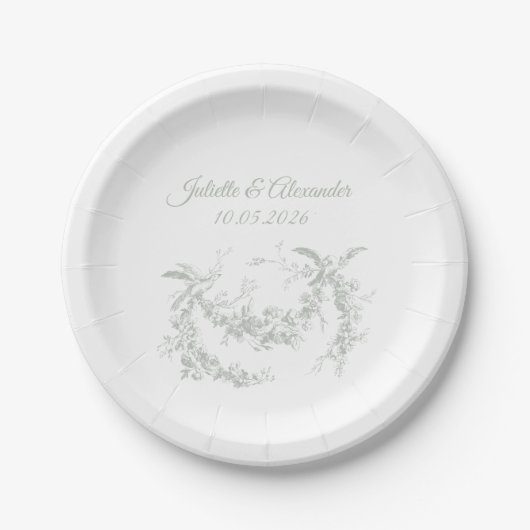 Sage Gray Toile de Jouy Wedding Paper Plates ペーパープレート (正面)
