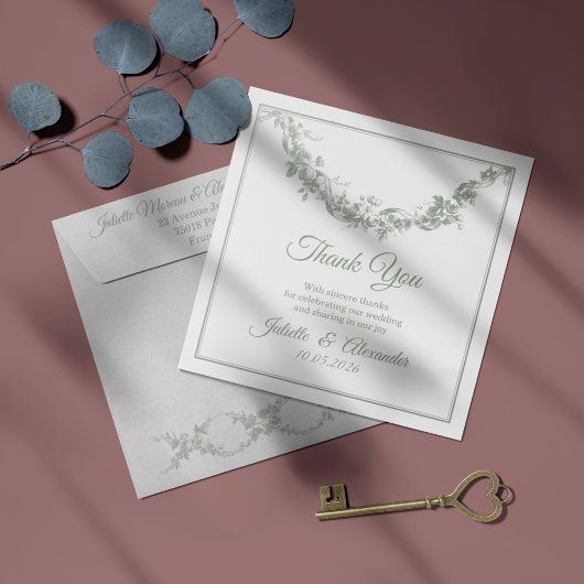 Sage Gray Toile de Jouy Wedding Thank You Card サンキューカード