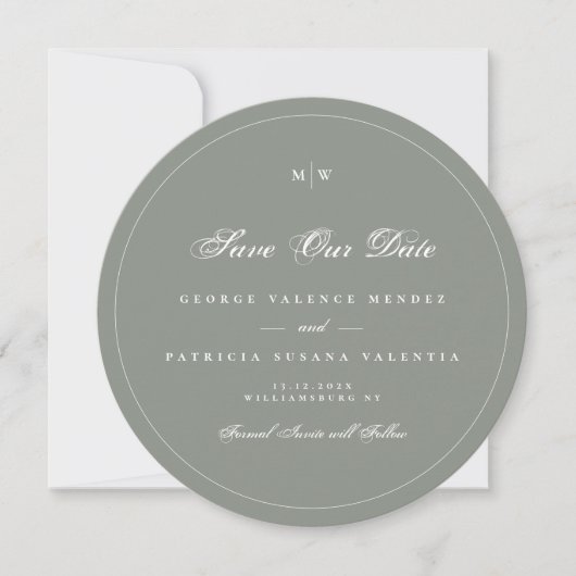 Sage Gray White Elegant Round Photo Save The Date 招待状 (正面)