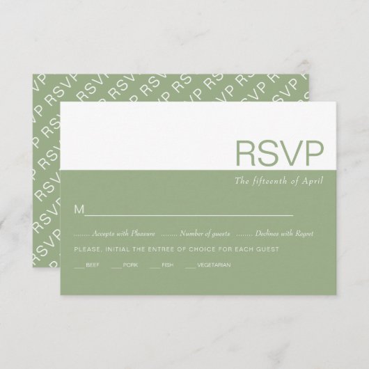 sage greenと白のカラーブロックが目を引く、 whimsicalなウェディングスタイル 出欠カード (正面/裏面)
