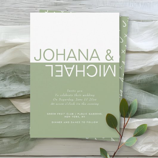 sage greenと白のカラーブロックが目を引く、 whimsicalなウェディングスタイル 招待状