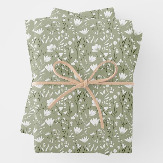 sage greenと白の花のブライダルシャワー ウェディング ラッピングペーパーシート (インサイチュ)