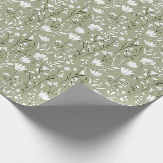  sage greenと白の花のブライダルシャワー ウェディング ラッピングペーパー (角)