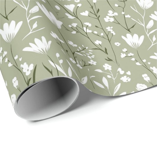 sage greenと白の花のブライダルシャワー ウェディング ラッピングペーパー (ロールコーナー)