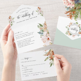 Sage Greenと自然開花の結婚Tear Off RSVP オールインワン招待状