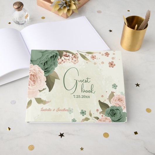 sage greenとblushの花のウェディング ゲストブック (正面見開き)