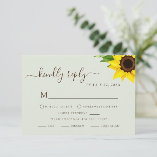  sage greenのひまわりデザインの返信カード 出欠カード (スタンド正面)