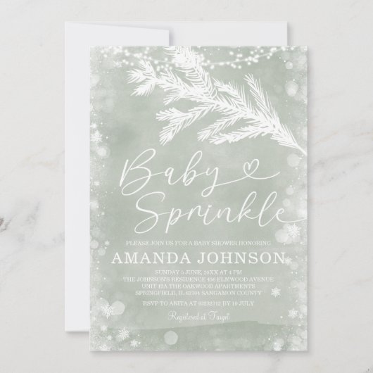  sage greenのクリスマス冬の葉のベイビーシャワー 招待状 (正面)