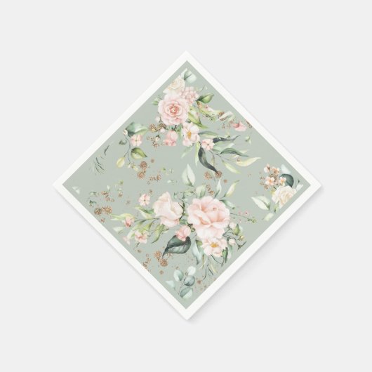 sage greenのゴールドウォーターカラー花柄ボタニカルパーティー スタンダードカクテルナプキン (角)