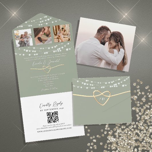 Sage Greenのストリングライトの結婚式QRコード オールインワン招待状