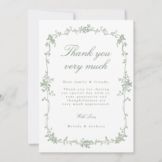 Sage Greenのビクトリアンフランスのフローラ結婚写真 サンキューカード (正面)