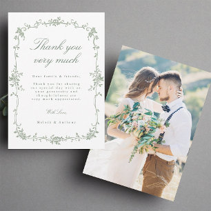 Sage Greenのビクトリアンフランスのフローラ結婚写真 サンキューカード
