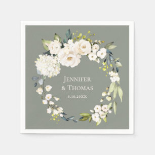 Sage Greenのホワイトウォーター色フローラ結婚 スタンダードカクテルナプキン