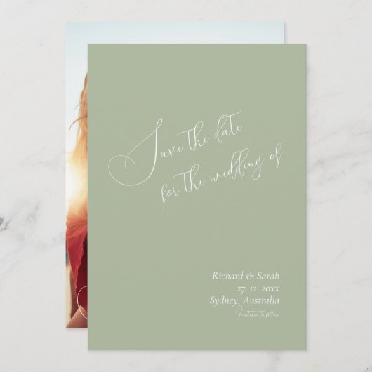 Sage Greenのモダンカスタム写真データを保存 招待状 (正面/裏面)