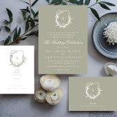  sage greenのモノグラム クラシックな葉の紋章 結婚式 招待状