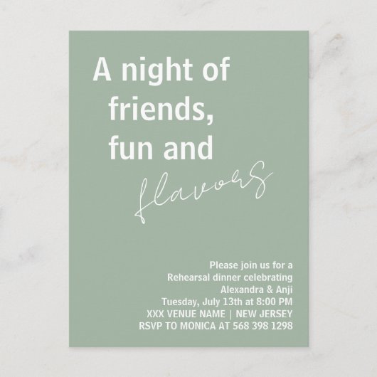 sage greenの楽しい友達とのリハーサルディナー ポストカード (正面)