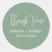 Sage Greenの白い書道ありがとうステッカー ラウンドシール (正面)