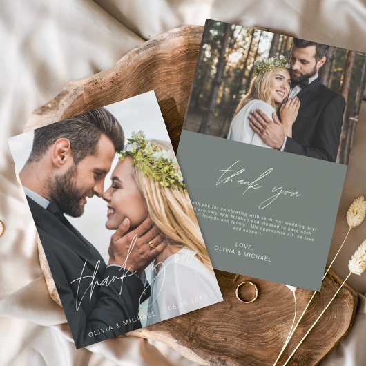 Sage Greenの結婚手書き感謝2枚の写真 サンキューカード