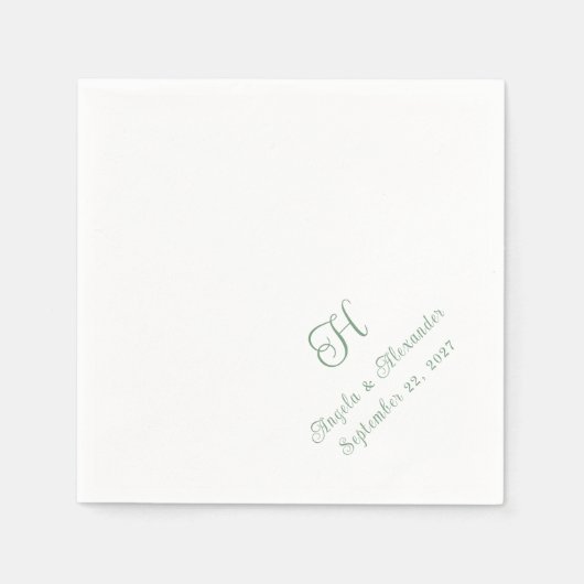 Sage Greenの結婚Monogramスクリプト スタンダードカクテルナプキン (正面)