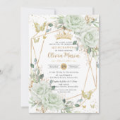  sage greenの花と蝶のクイーンセレブレーション15歳誕生日招待状 招待状 (正面)