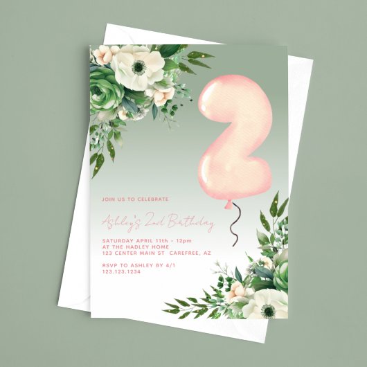  sage greenの花のエレガントな2歳の誕生日 招待状