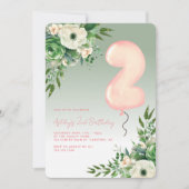  sage greenの花のエレガントな2歳の誕生日 招待状 (正面)