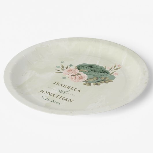 sage greenの花のブーケ ウェディング ペーパープレート (アングル)