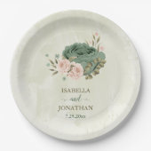 sage greenの花のブーケ ウェディング ペーパープレート (正面)