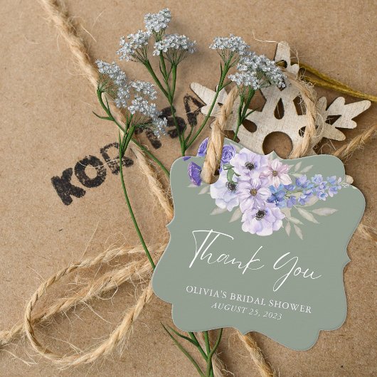  sage greenの花スクリプト ウェディングシャワーのお礼 フェイバータグ