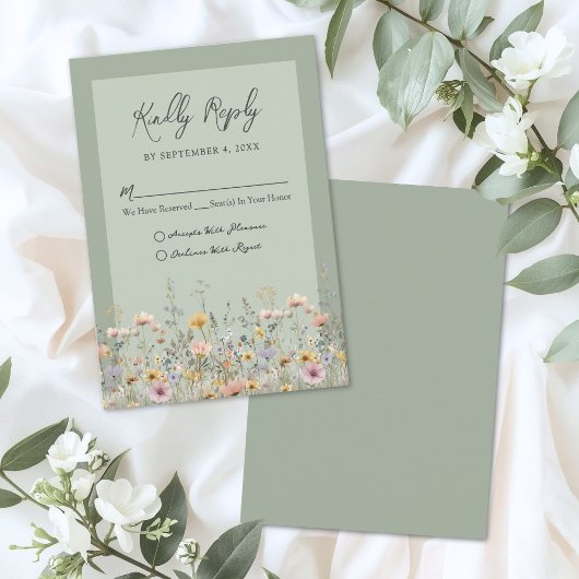 sage greenの野生の花の花モチーフのウェディング・RSVPカード 出欠カード