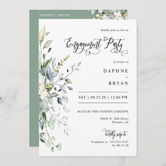 Sage Greenの離れ婚約パーティQRコード写真 招待状 (正面/裏面)