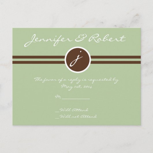 Sage GreenよくはしゃぐとBrown RSVP投稿のモノグラム インビテーションポストカード (正面)