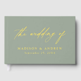 Sage Greenエレガントと金ゴールド書道結婚の ゲストブック