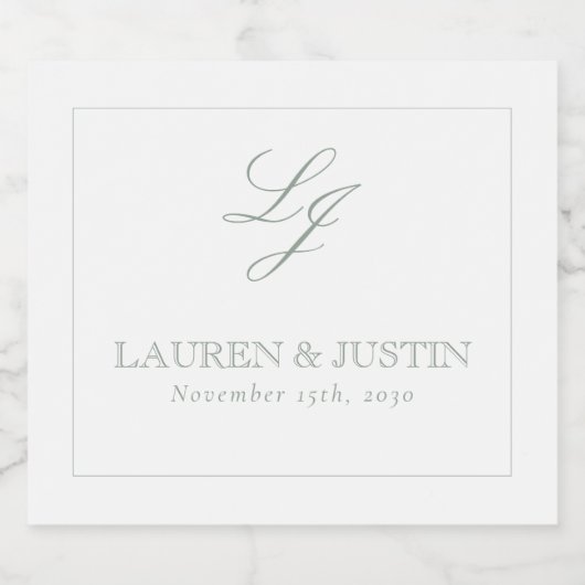 Sage Greenエレガントクラシックモノグラム結婚Script's スパークリングワインラベル (シングルラベル)