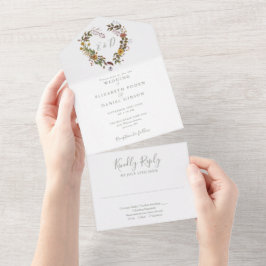 Sage Greenエレガントフローラ素朴ハート結婚の オールインワン招待状