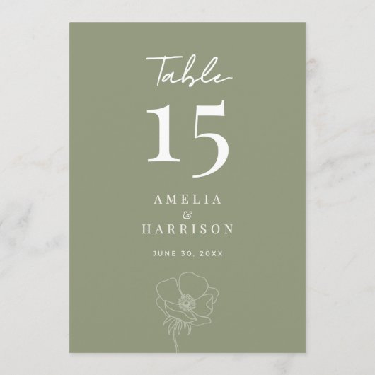 Sage Greenエレガントフローラ結婚の5x7テーブル番号 (裏面)