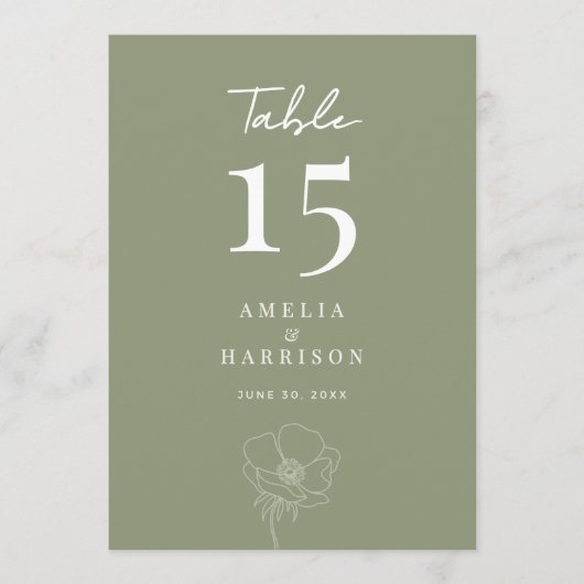 Sage Greenエレガントフローラ結婚の5x7テーブル番号 (正面)