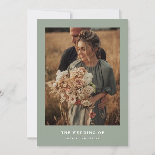 Sage Greenエレガント文字と写真 | ウェディング 招待状 (正面)