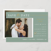 Sage Greenエレガント金ゴールド日付カレンダの保存 招待状 (正面/裏面)