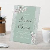 Sage Greenエレガント Chinoiserieフォトゲストブック 台座サイン (インサイチュ)