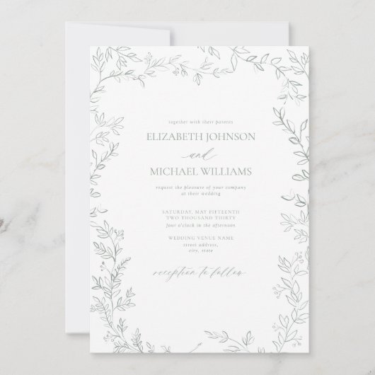Sage Greenエレガント Leaf Photoミニマル結婚's 招待状 (正面)