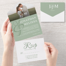 Sage Greenエレガント Overlay Photo Monogram結婚's オールインワン招待状