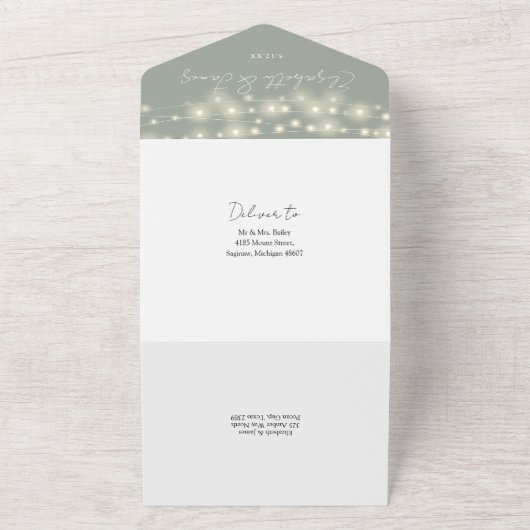 Sage Greenエレガント Script String Lights結婚's オールインワン招待状 (外側)