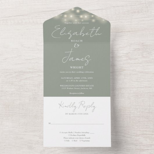 Sage Greenエレガント Script String Lights結婚's オールインワン招待状 (内側)