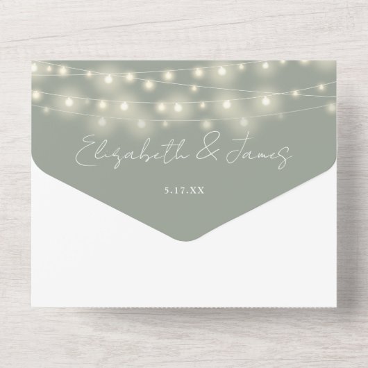 Sage Greenエレガント Script String Lights結婚's オールインワン招待状 (裏面)